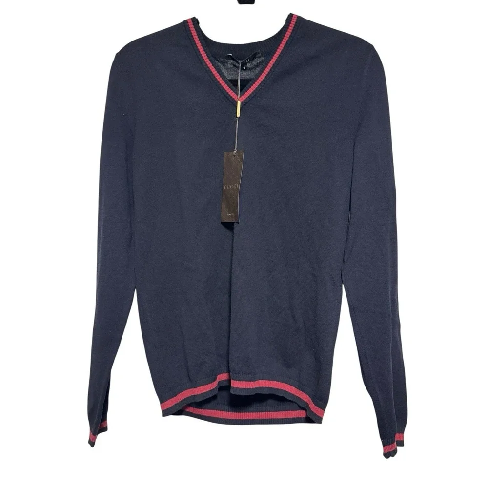 Gucci Men's V-Neck Knit Sweater Navy Red Trim Made in Italy Size S New